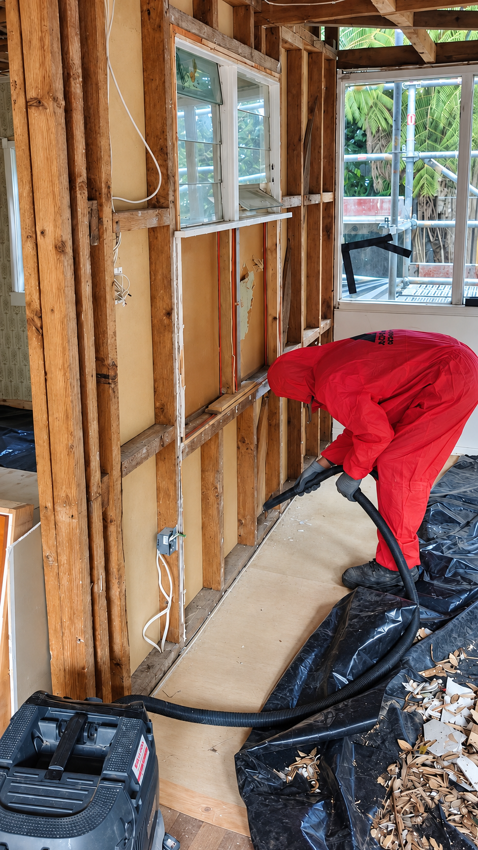 Specialist cleaning beside exposed residential framing